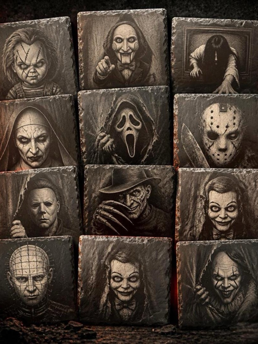 Halloween Engraved Black Slate Coasters with Holder Spooky Gothic 6 pc Set
